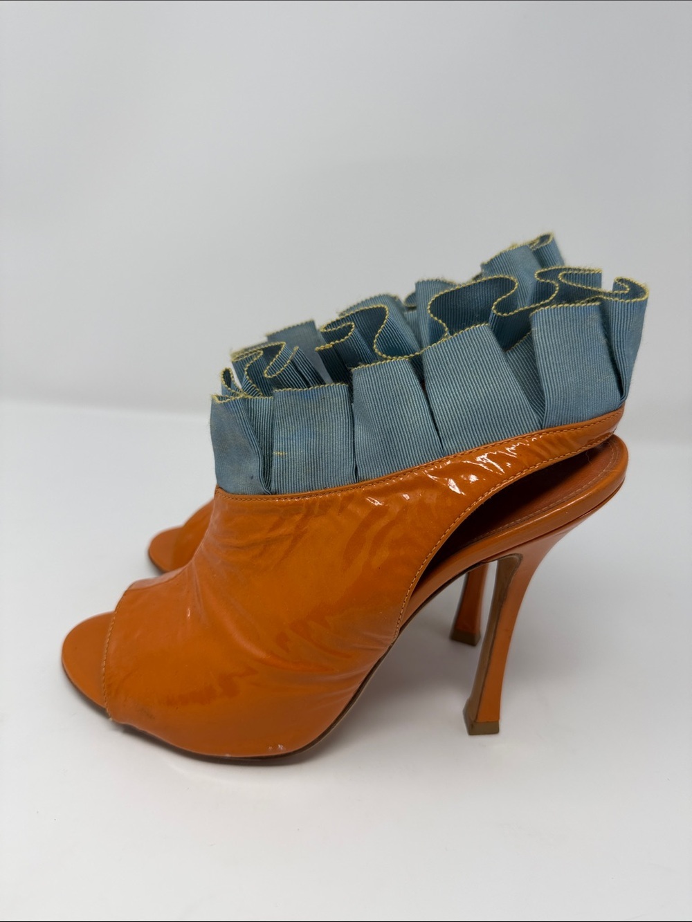 Sergio Rossi Orange Patent Peep-Toe Ruffle Ankle Boots - Picture 2 of 7
